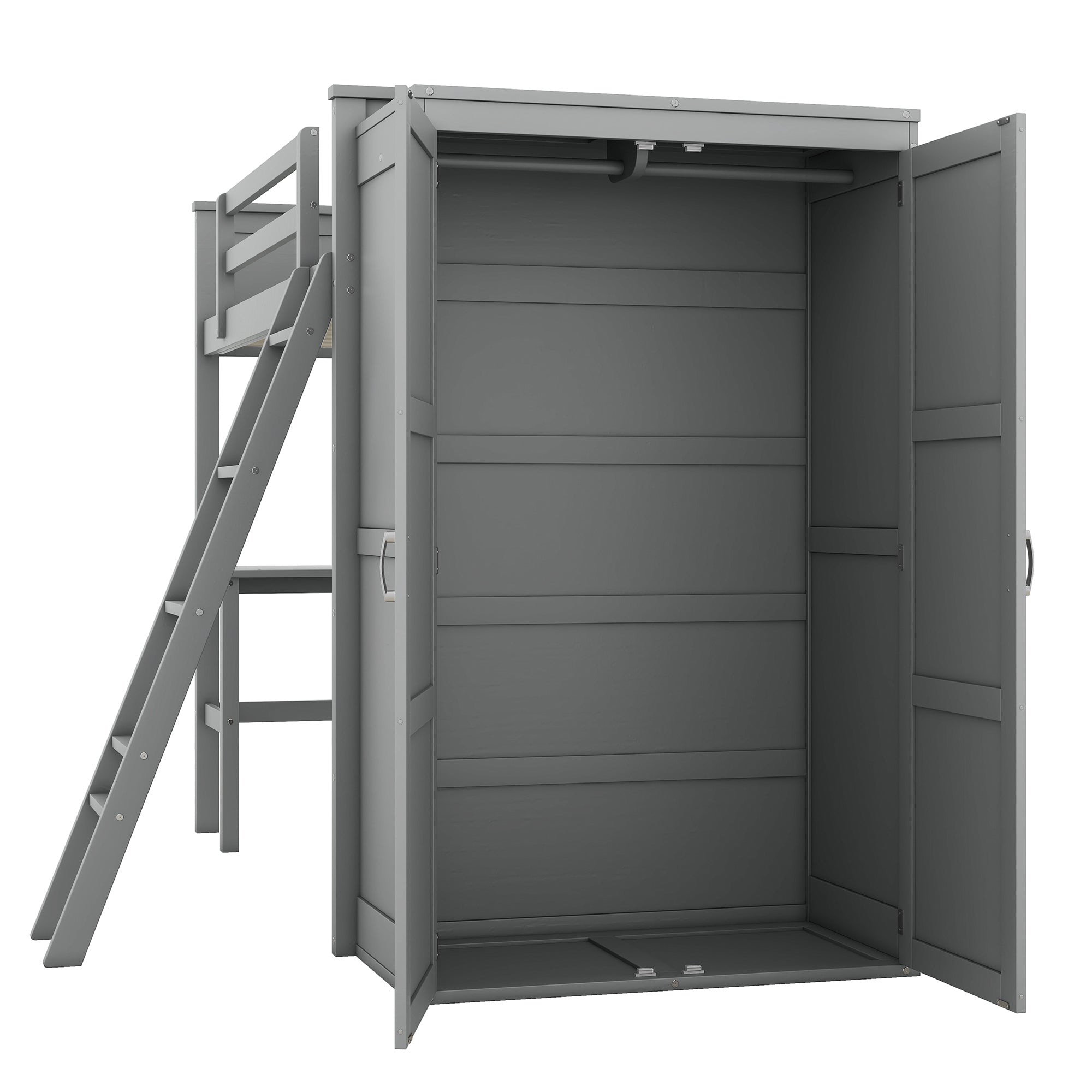 Twin size Loft Bed with Desk, Shelves and Wardrobe-Gray - Atlantic Fine Furniture Melbourne FL