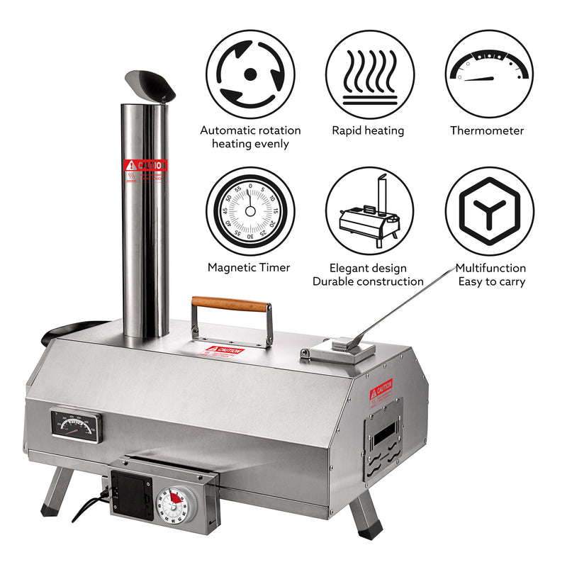 Stainless Steel Pizza Oven Outdoor 12" Automatic Rotatable Pizza Ovens, Portable Wood Fired Pizza Oven Pizza Maker With Timer, Built-In Thermometer, Pizza Cutter & Carry Bag - Silver