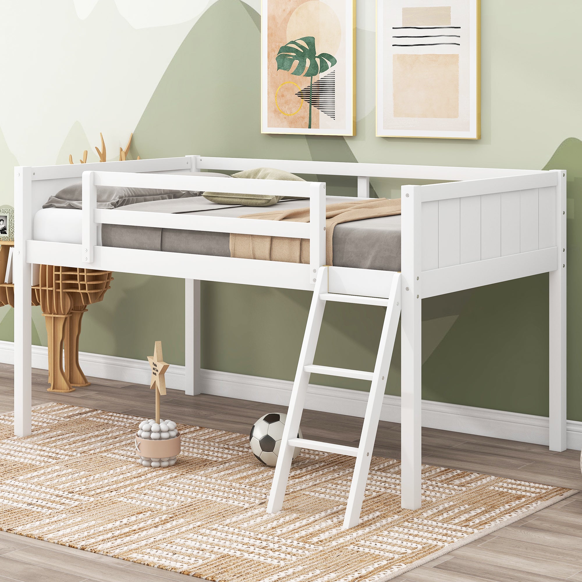 Twin Size Wood Loft Bed with Ladder, ladder can be placed on the left or right, White - Atlantic Fine Furniture Melbourne FL