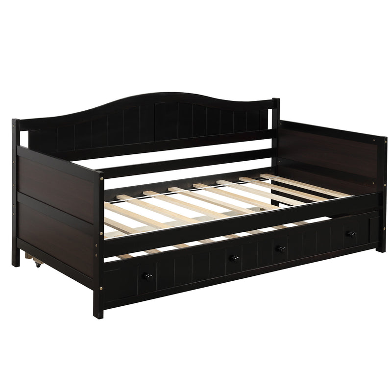 Twin Wooden Daybed with Trundle Bed, Sofa Bed for Bedroom Living Room, Espresso