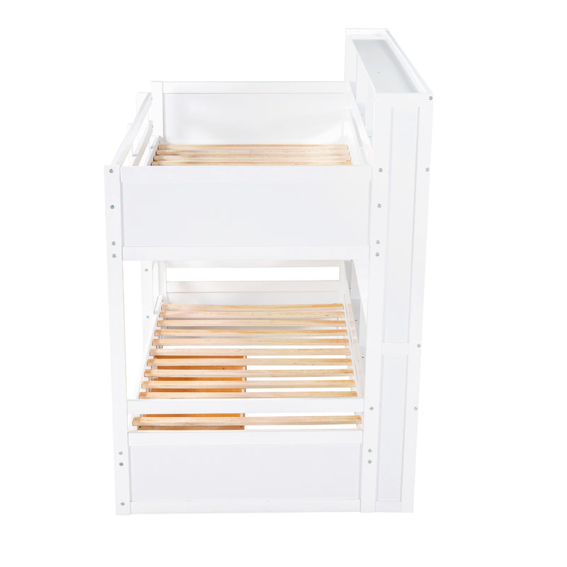 Twin Size Bunk Bed with Built-in Shelves Beside both Upper and Down Bed and Storage Drawer,White