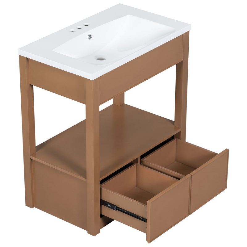 Bathroom Vanity With Sink Top, Bathroom Cabinet With Open Storage Shelf And Two Drawers - Brown