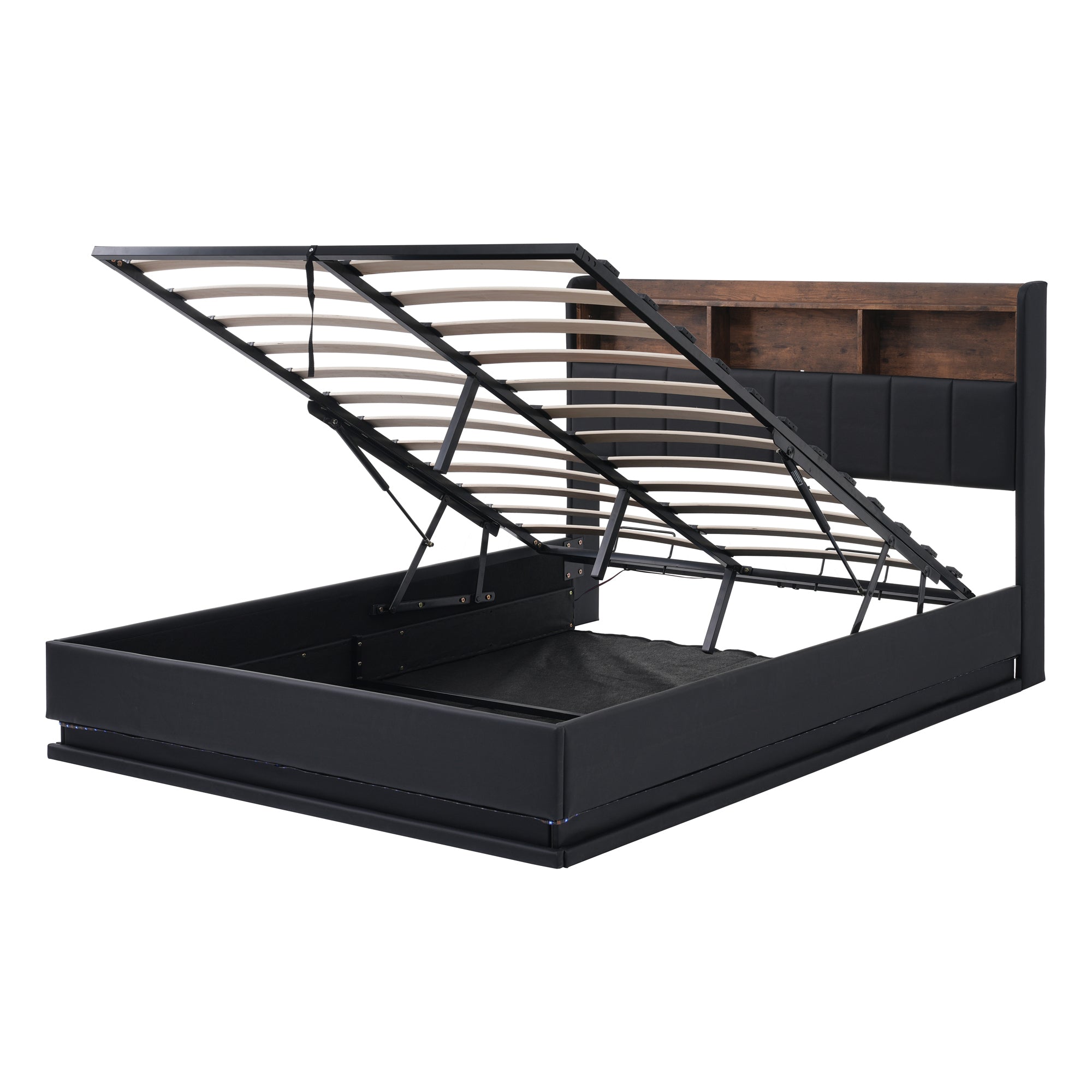 Queen Size  Upholstered Platform Bed with Storage Headboard and Hydraulic Storage System, PU Storage Bed with LED Lights and USB charger, Black - Atlantic Fine Furniture Melbourne FL