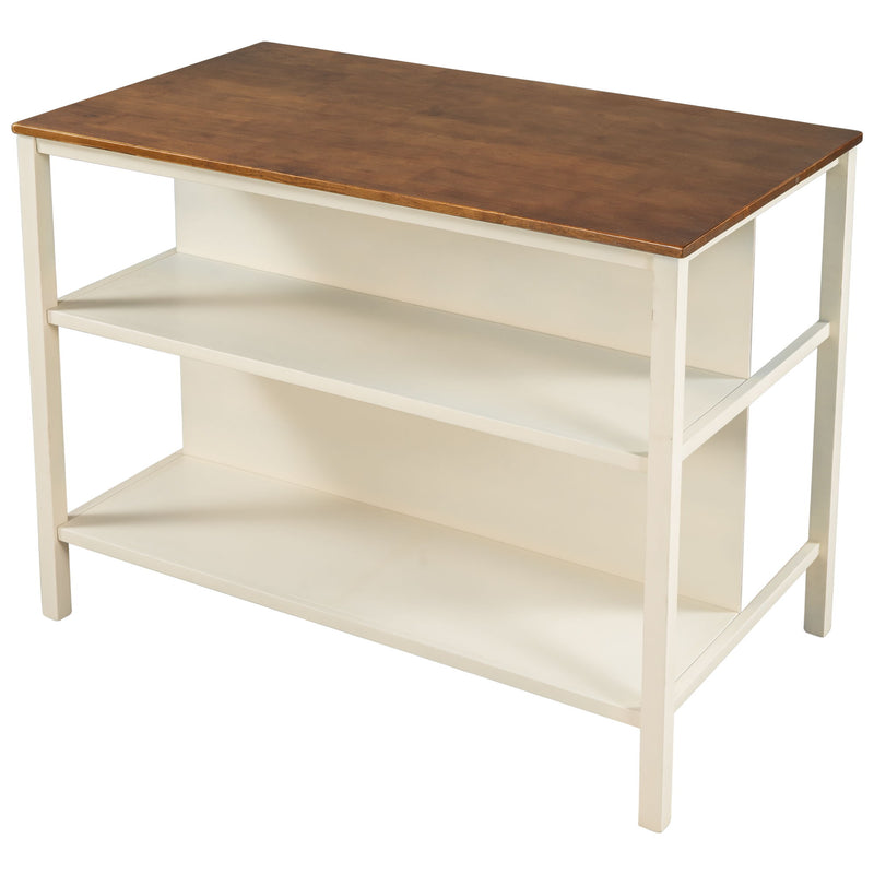 Rustic 3 Piece Stationary Kitchen Island Set With 2 Seatings, With 2 Open Shelves