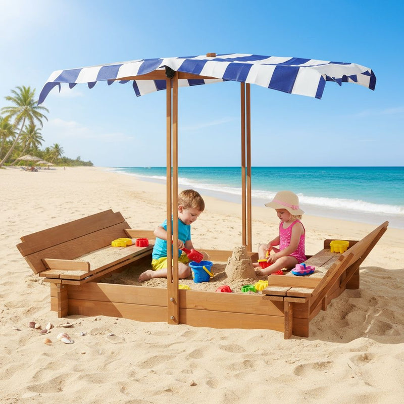 Kids Sandbox With Adjustable Cover, Sand Box With 2 Foldable Bench Seats, Outdoor Sandpit For Backyard Play - Light Brown