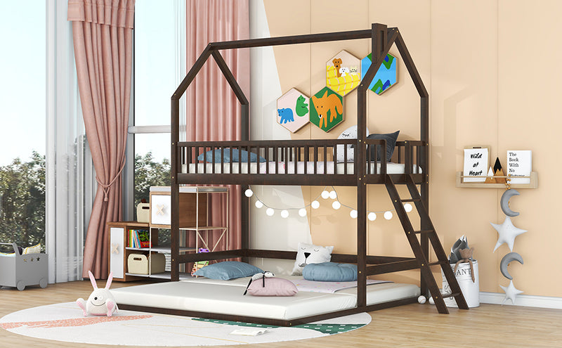 Twin Over Twin-Twin House Bunk Bed with Extending Trundle and Ladder