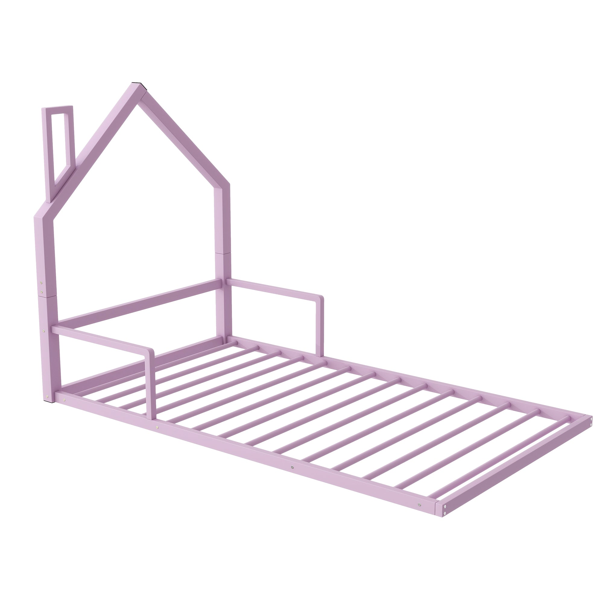 Twin Size Metal Floor Bed with House-shaped Headboard, Pink - Atlantic Fine Furniture Melbourne FL