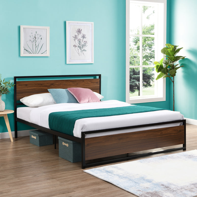 Industrial Platform Queen Bed Frame/Mattress Foundation with Rustic Headboard and Footboard, Strong Steel Slat Support, No Box Spring Needed, Noise Free, Easy Assembly