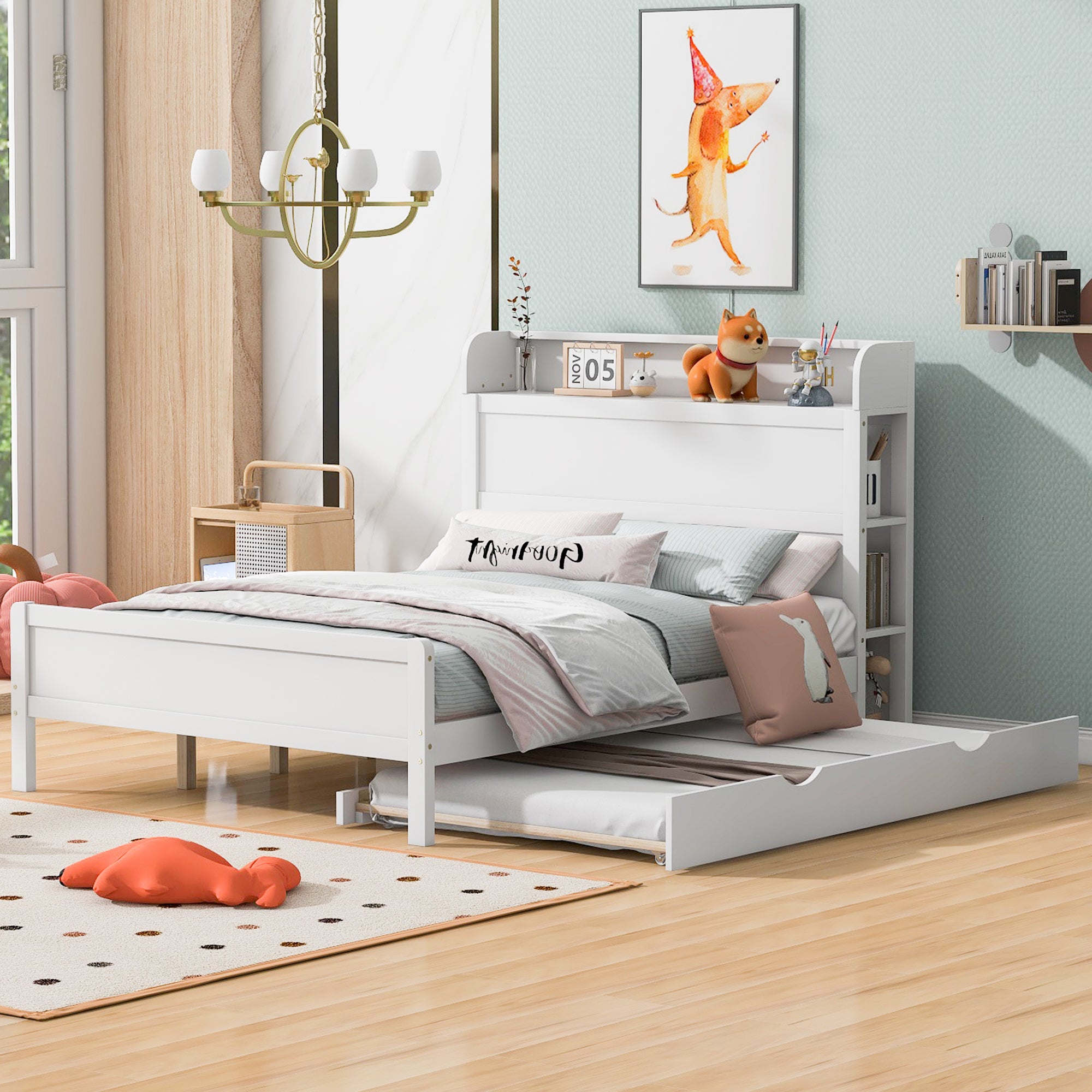 Full Size Platform Bed with Storage Headboard and Twin Size Trundle, White - Atlantic Fine Furniture Melbourne FL