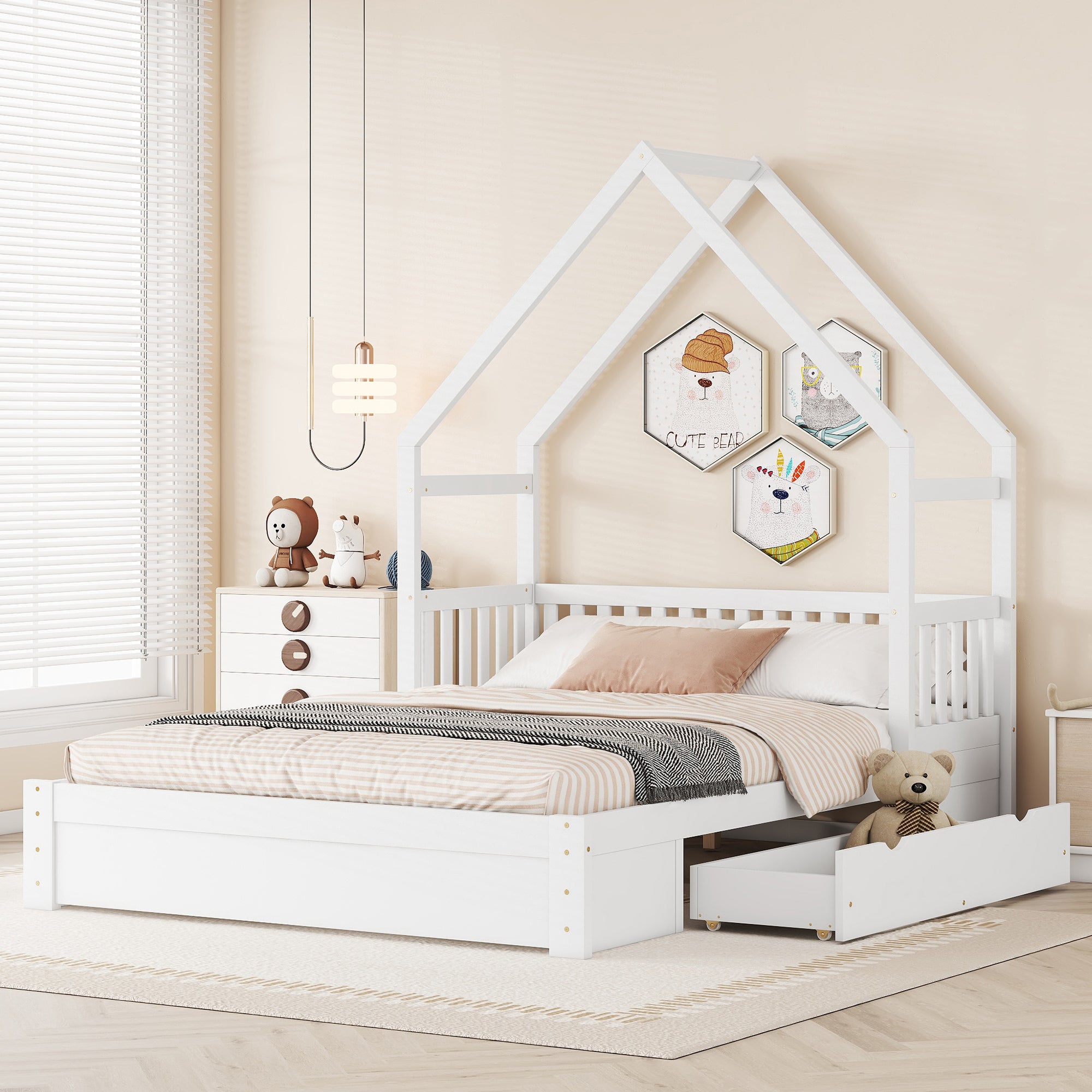 Wood Queen Size House Platform Bed with Guardrail and 2 Drawers, White (Expected Arrival Time:4.26) - Atlantic Fine Furniture Melbourne FL