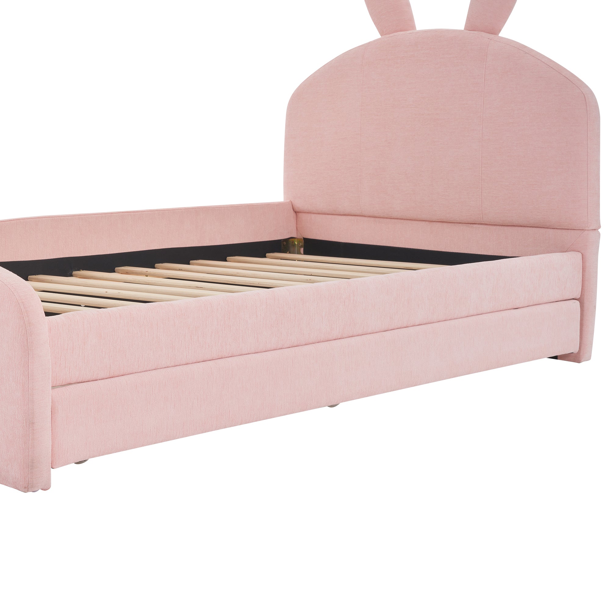 Twin Size Upholstered Platform Bed with Cartoon Ears Shaped Headboard and Trundle, Pink - Atlantic Fine Furniture Melbourne FL