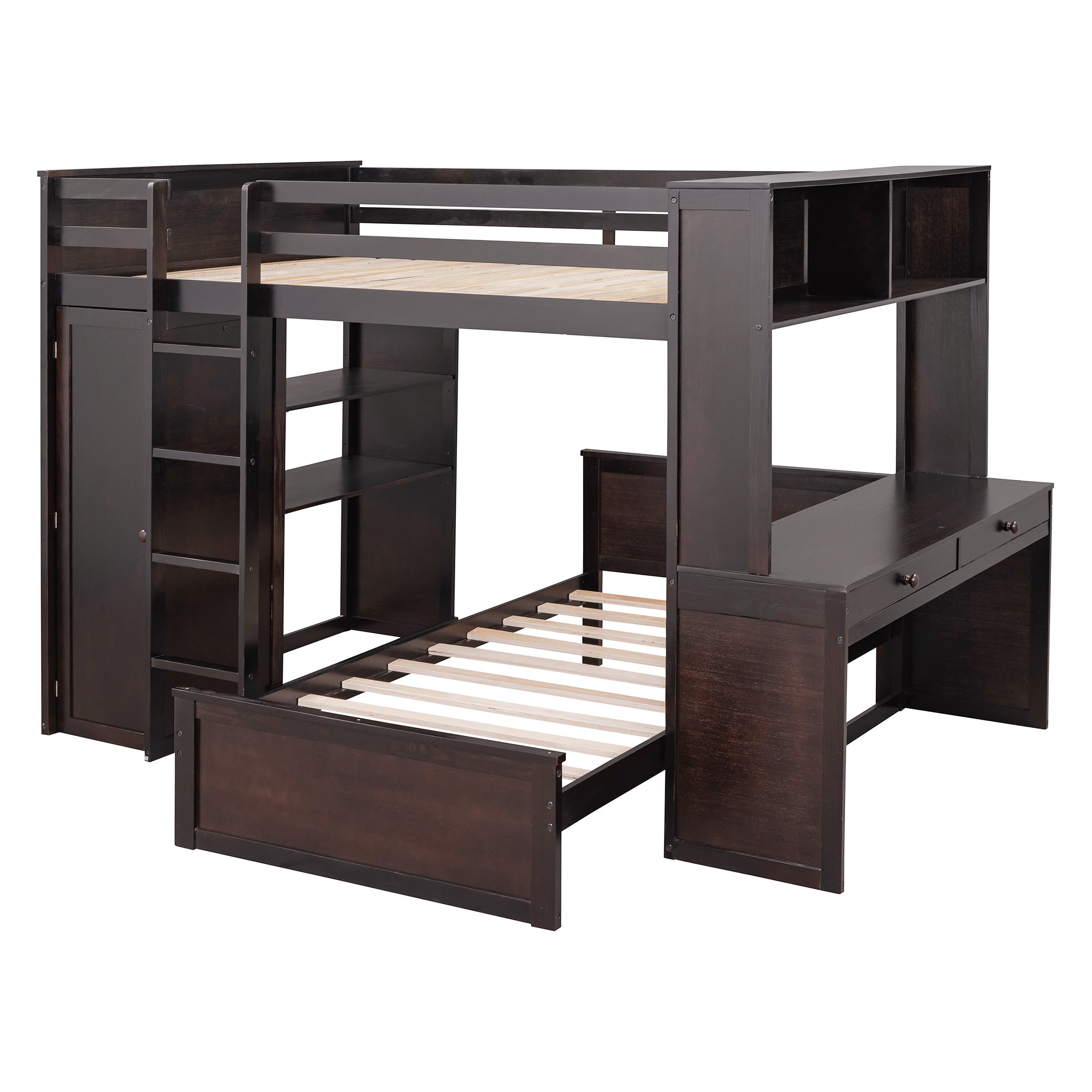 Full size Loft Bed with a twin size Stand-alone bed, Shelves,Desk,and Wardrobe-Espresso - Atlantic Fine Furniture Melbourne FL