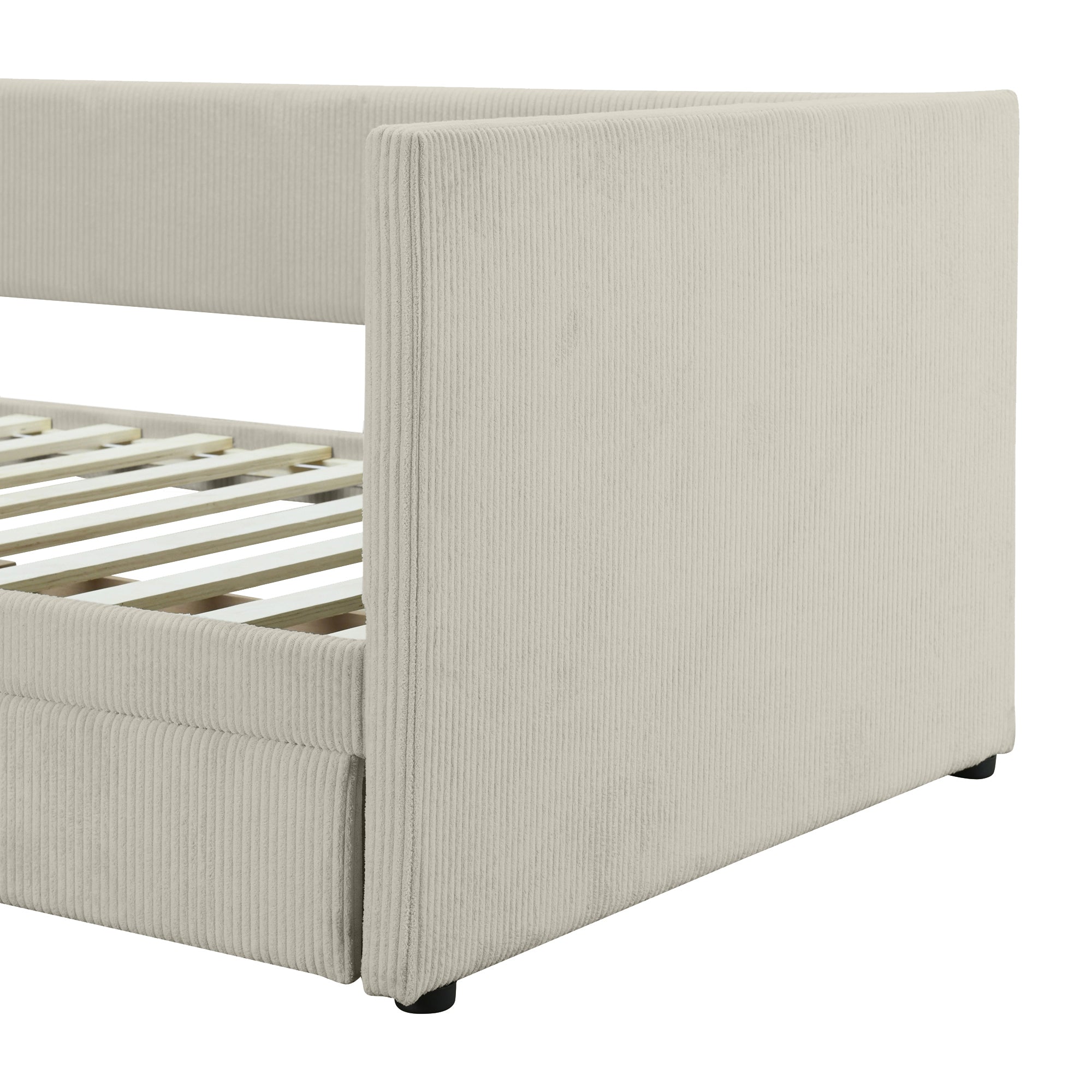 Twin Size Corduroy Daybed with Two Drawers and Wood Slat, Beige - Atlantic Fine Furniture Melbourne FL