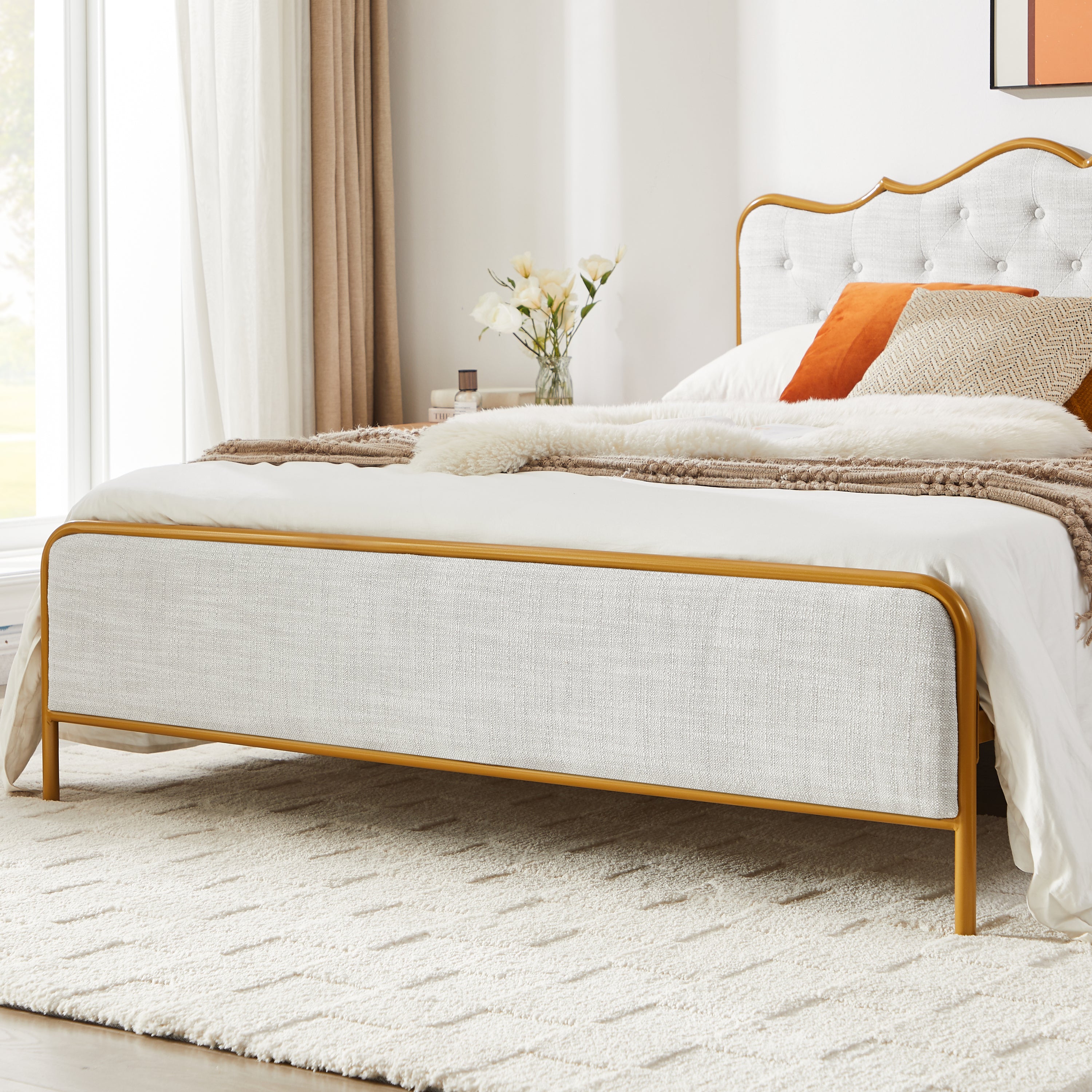 Classic steamed bread shaped backrest, metal frame, solid wood ribs, with four storage drawers, sponge soft bag, comfortable and elegant atmosphere, light gray, Full- size, F sleeping bed - Atlantic Fine Furniture Melbourne FL