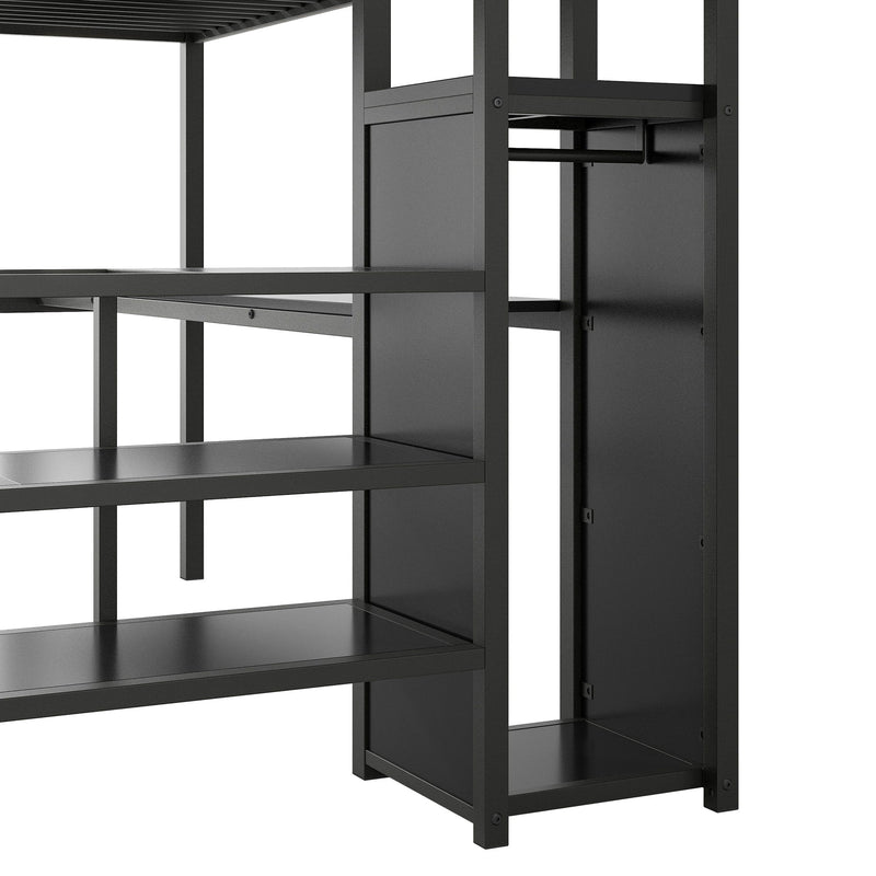 Full Size Loft Bed With Desk, Storage Staircase, Small Wardrobe And LED Light - Black