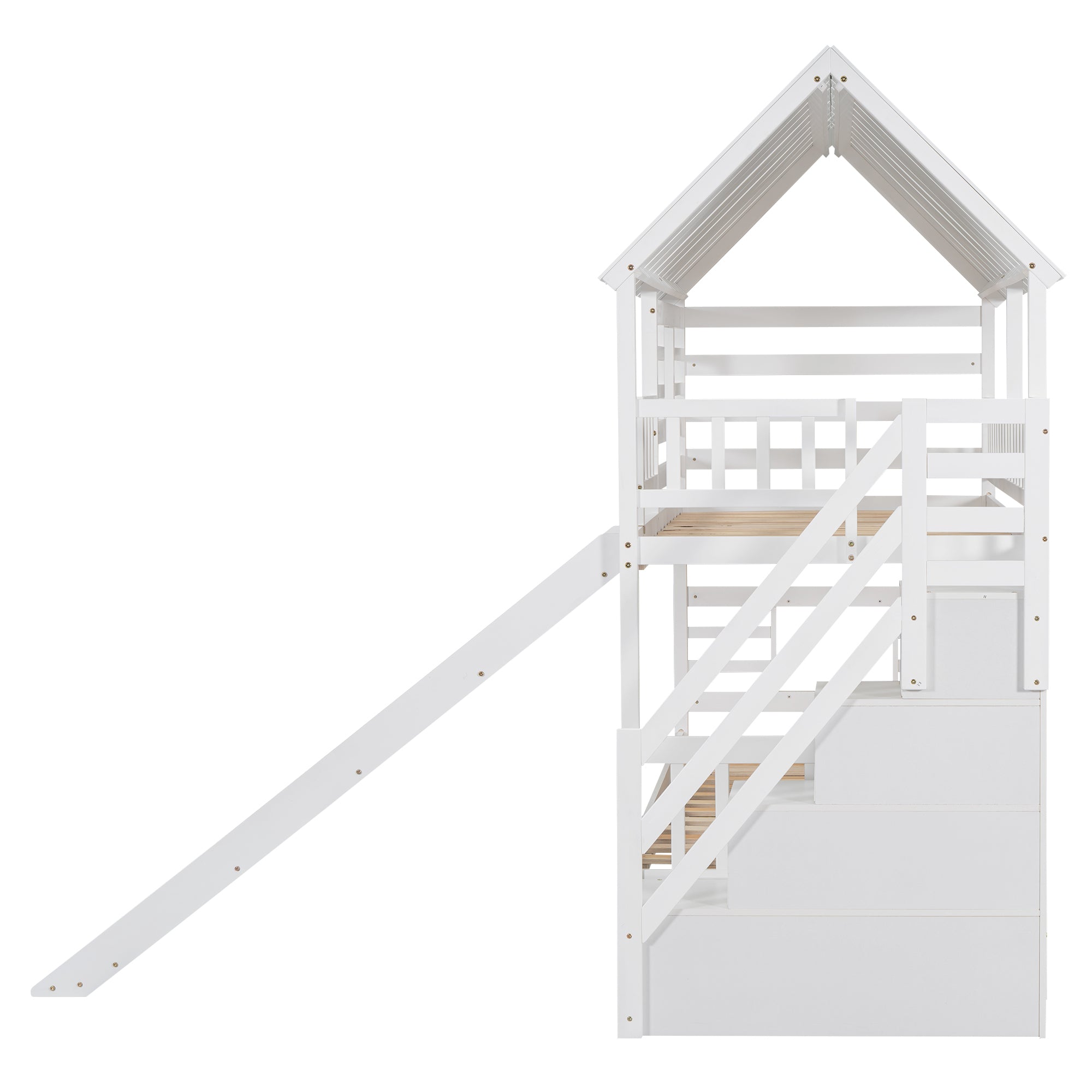 Twin over Twin House Bunk Bed with Trundle and Slide, Storage Staircase, Roof and Window Design, White(Old SKU: GX000931AAK) - Atlantic Fine Furniture Melbourne FL