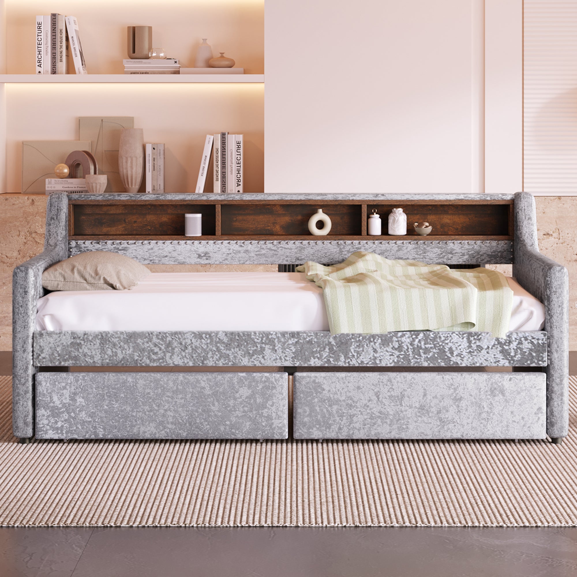 Twin Size Snowflake Velvet Daybed with Two Storage Drawers and Built-in Storage Shelves,Gray - Atlantic Fine Furniture Melbourne FL