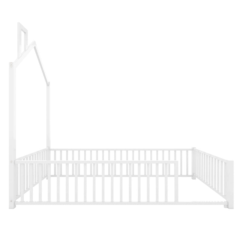Metal House Platform Bed With Guardrail And Chimney
