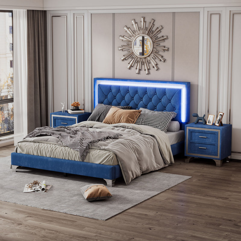 3 Piece Bedroom Sets, Queen Size Upholstered Platform Bed With LED Lights And Two Nightstands - Blue