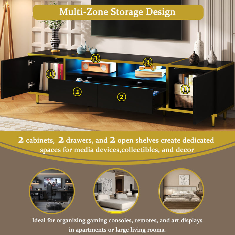 TV Stand For TVs Up To 80", Entertainment Center With 2 Shelves And LED Lights