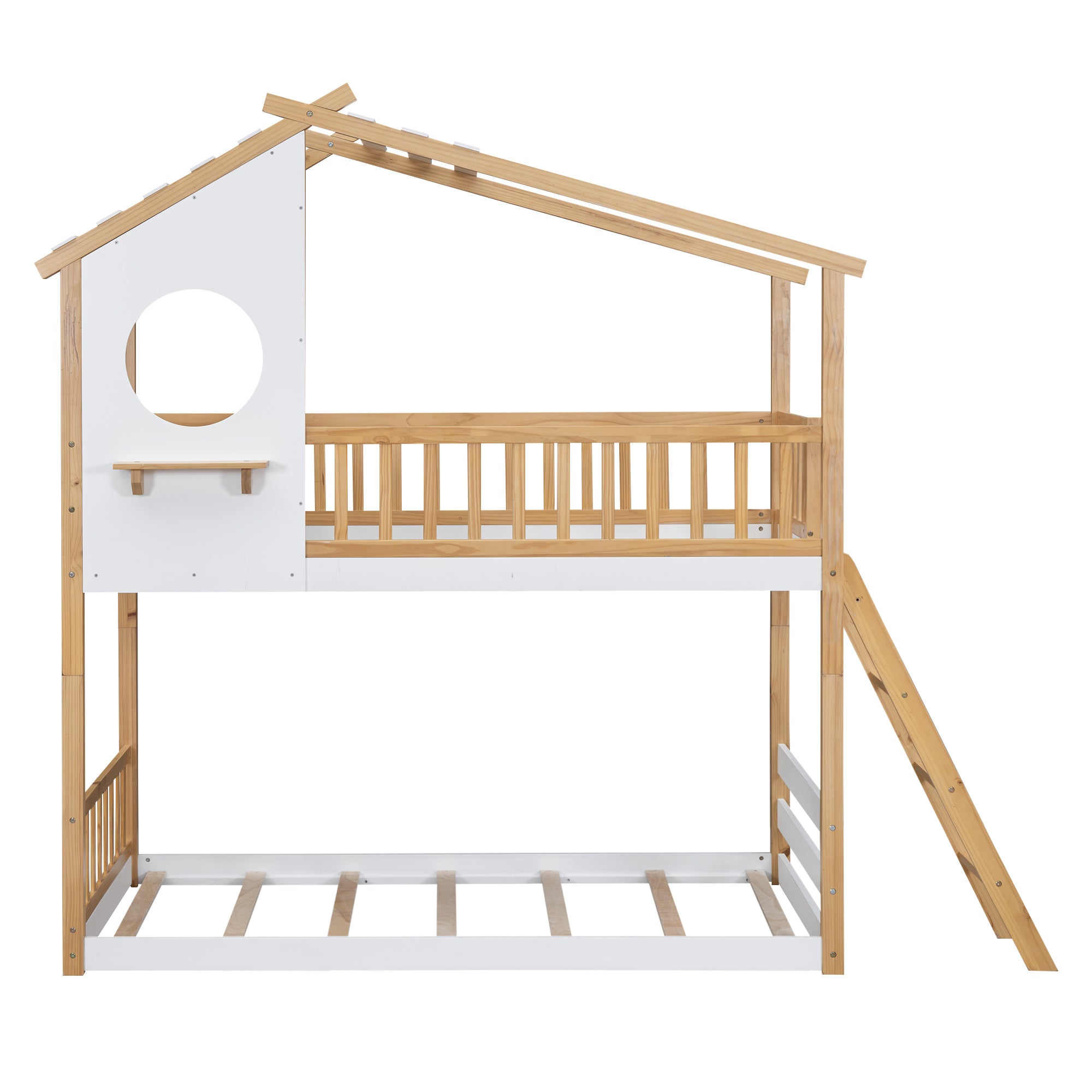 Twin Over Twin Bunk Bed Wood Bed with Roof, Window, Ladder,Natural(OLD SKU :LT100008AAD) - Atlantic Fine Furniture Melbourne FL