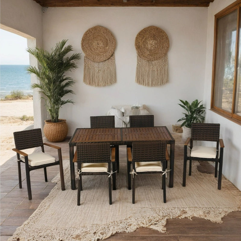 7 Piece Outdoor Patio Wicker Dining Set Patio Wicker Furniture Dining Set With Top - Brown / Cream