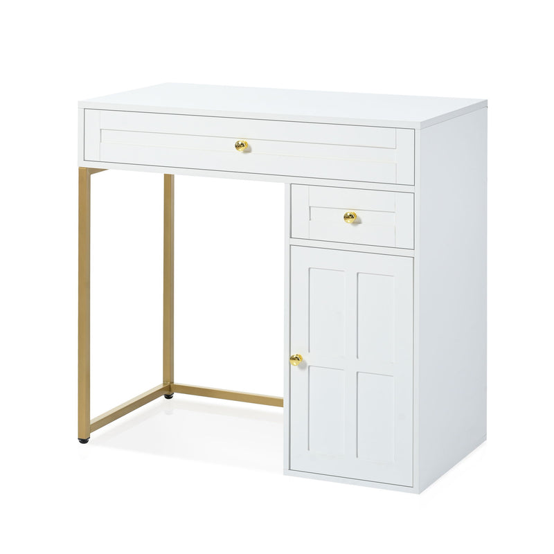 Makeup Vanity Desk With Lighted Mirror, Luxury Dressing Table With 2 Drawers And 1 Cabinet, 3 Lighting Modes Available For Bedroom - White / Gold