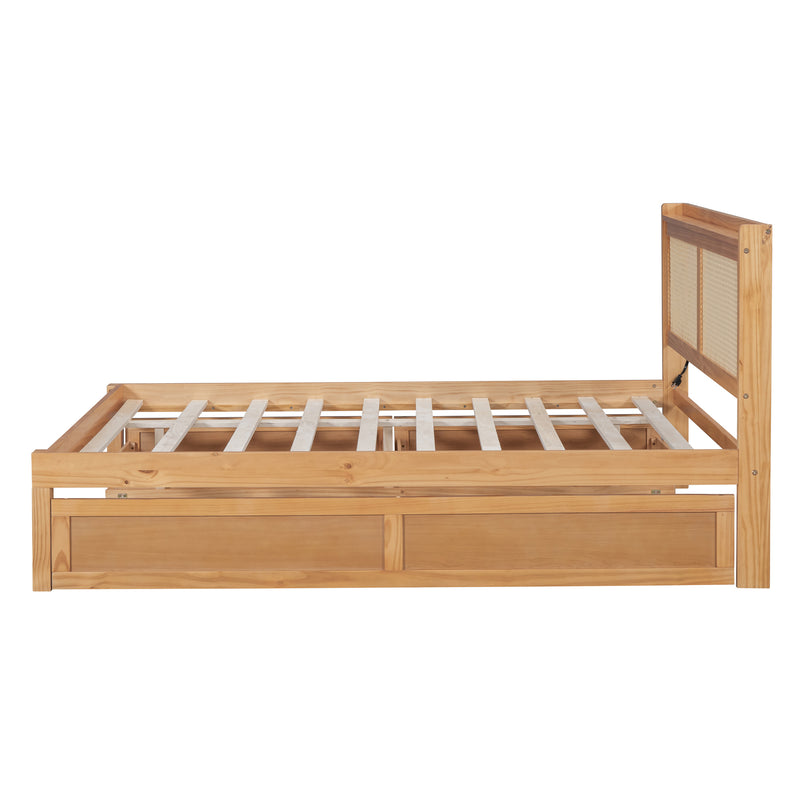 Full Size Elegant Bed Frame with Rattan Headboard and Sockets ,Walnut