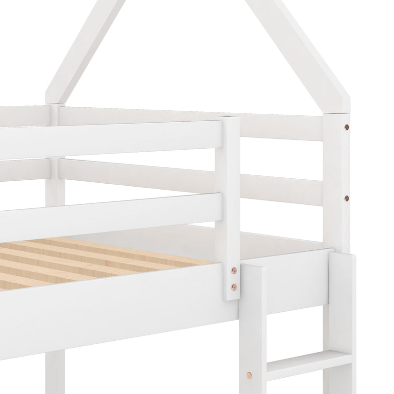 Twin Over Twin Low Bunk Bed, House Bed With Ladder - White