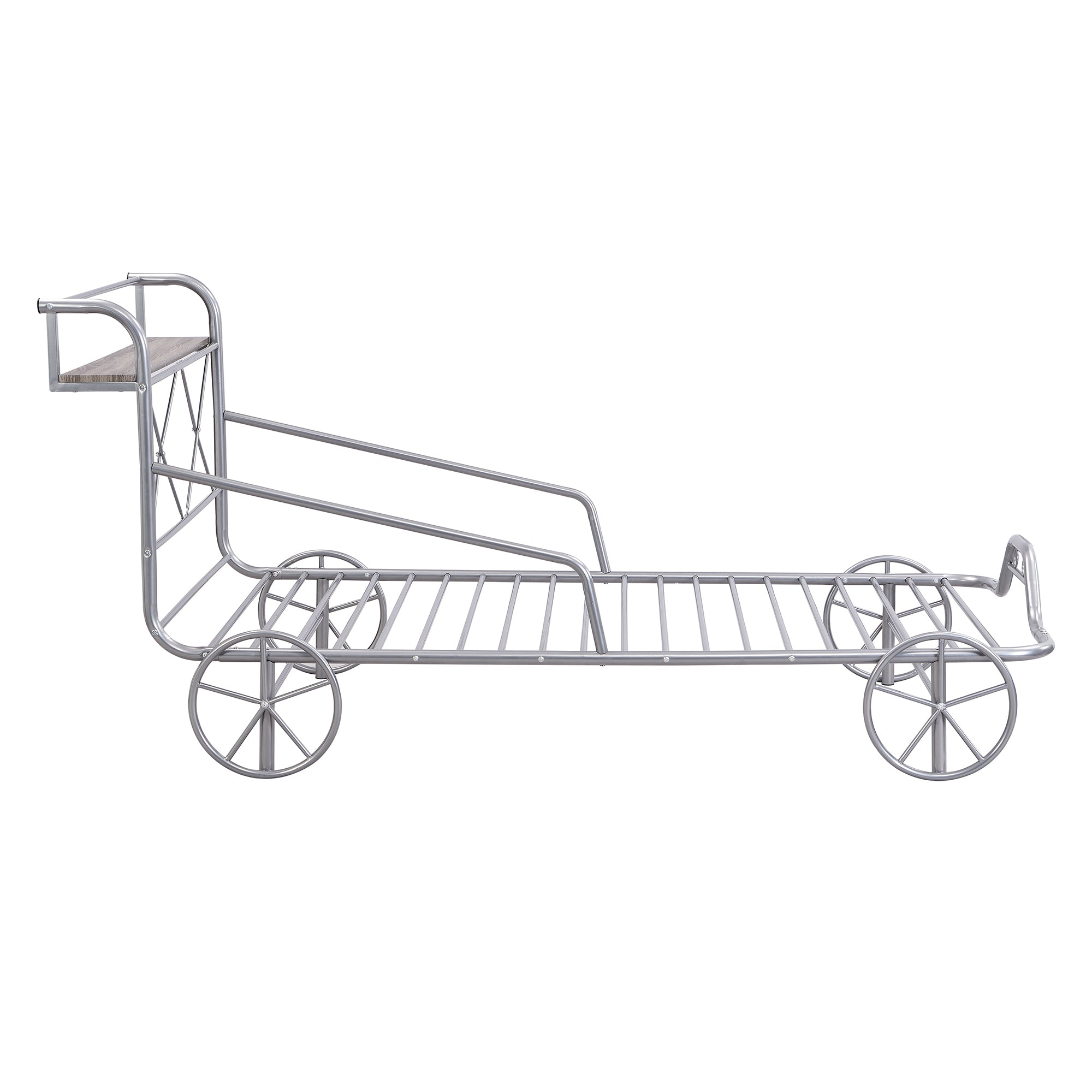 Twin Size Metal Car Bed with Four Wheels, Guardrails and  X-Shaped Frame Shelf, Silver(Old SKU: MF297599AAN) - Atlantic Fine Furniture Melbourne FL