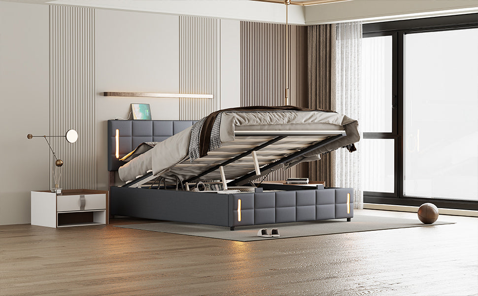 Full Size Upholstered Bed with Hydraulic Storage System and LED Light, Gray - Atlantic Fine Furniture Melbourne FL