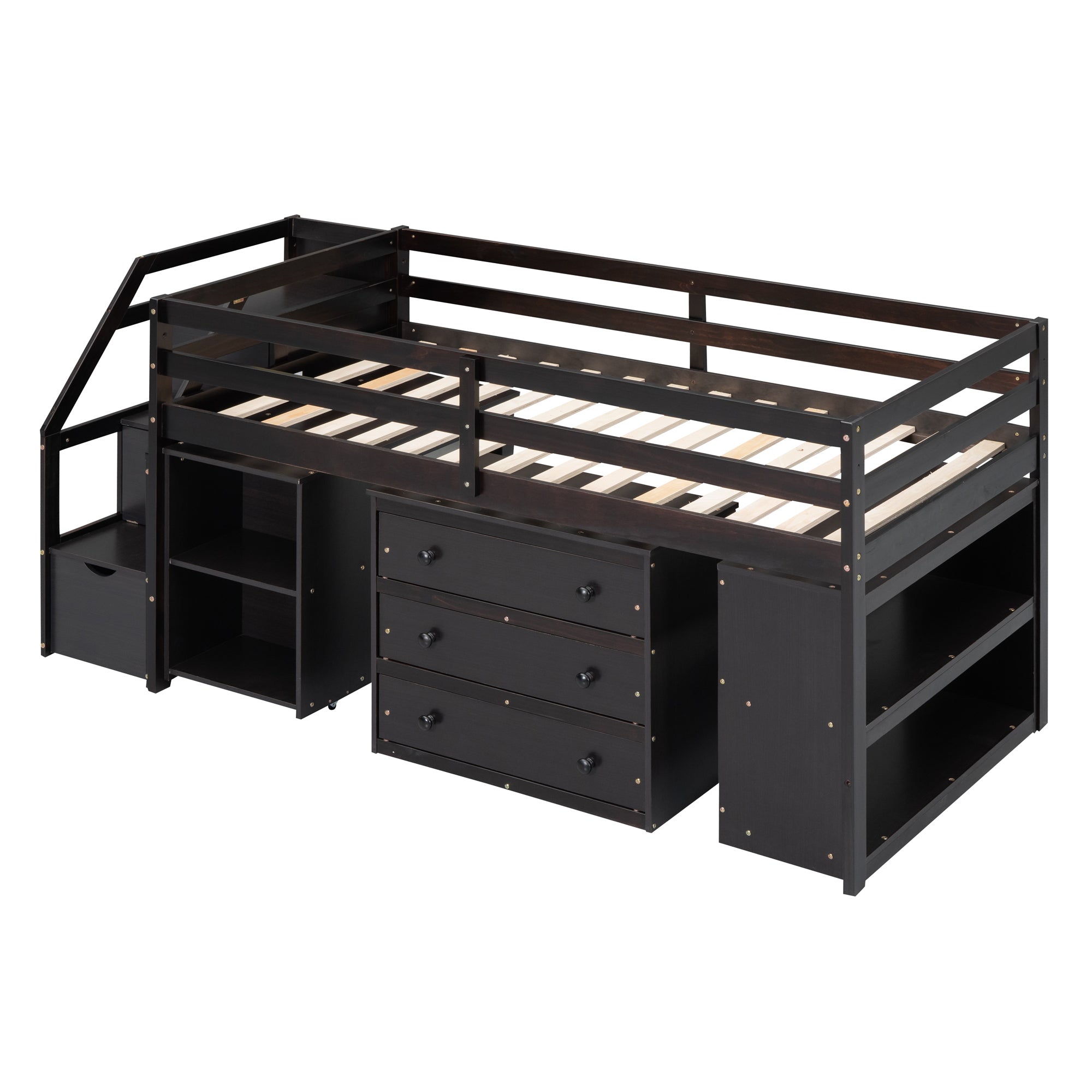 Twin Size Loft Bed with Retractable Writing Desk and 3 Drawers, Wooden Loft Bed with Storage Stairs and Shelves, Espresso - Atlantic Fine Furniture Melbourne FL