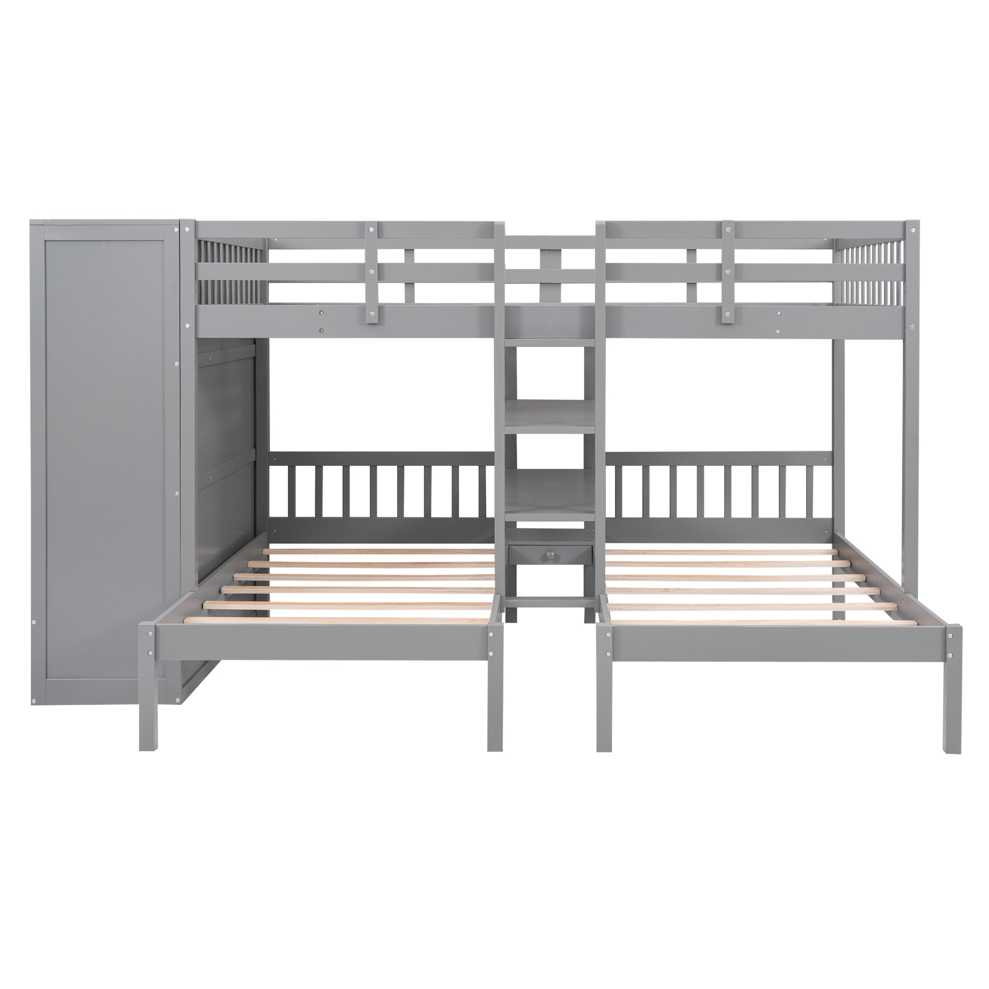 Full-Over-Twin-Twin Bunk Bed with Shelves, Wardrobe and Mirror, Gray - Atlantic Fine Furniture Melbourne FL