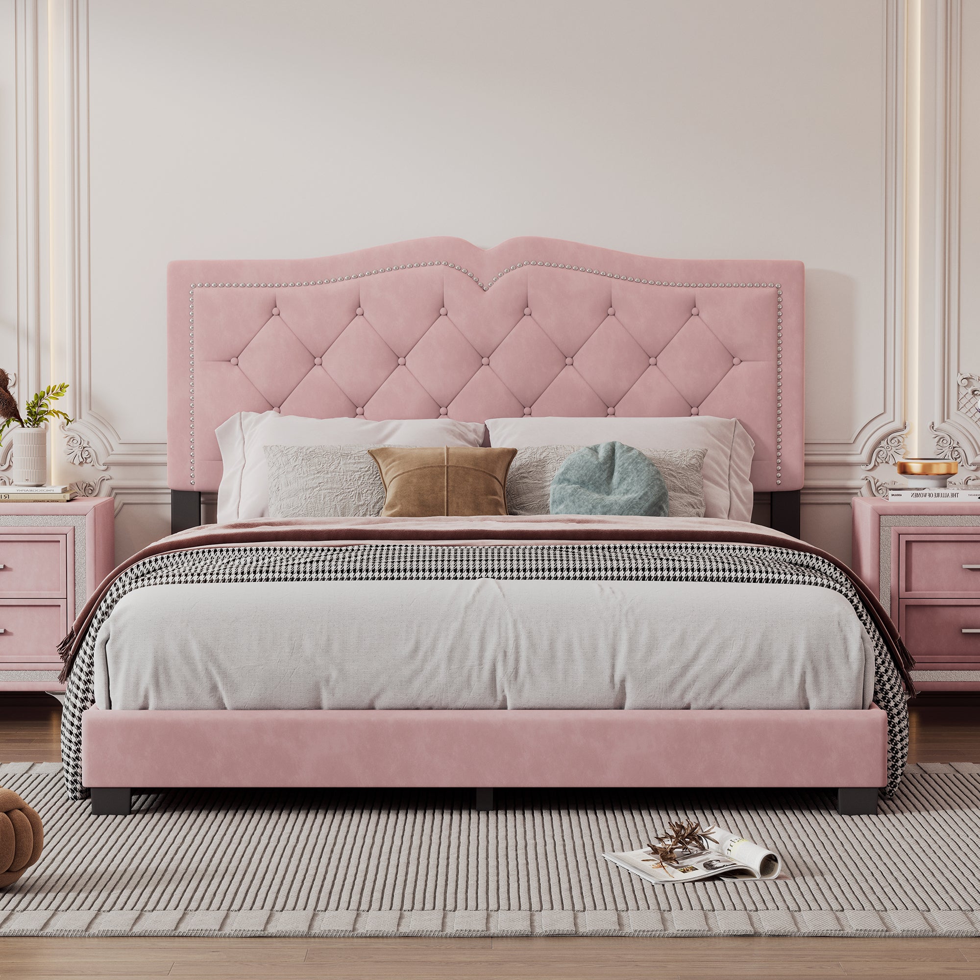 Queen Size Upholstered Bed Frame with Rivet Design, Modern Velvet Platform Bed with Tufted Headboard,Pink - Atlantic Fine Furniture Melbourne FL