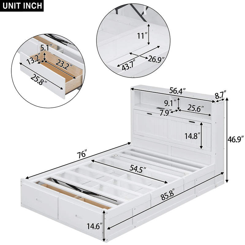 Wood Full Size Hydraulic Platform Bed with Storage LED Headboard, Charging Station and 2 Drawers, White