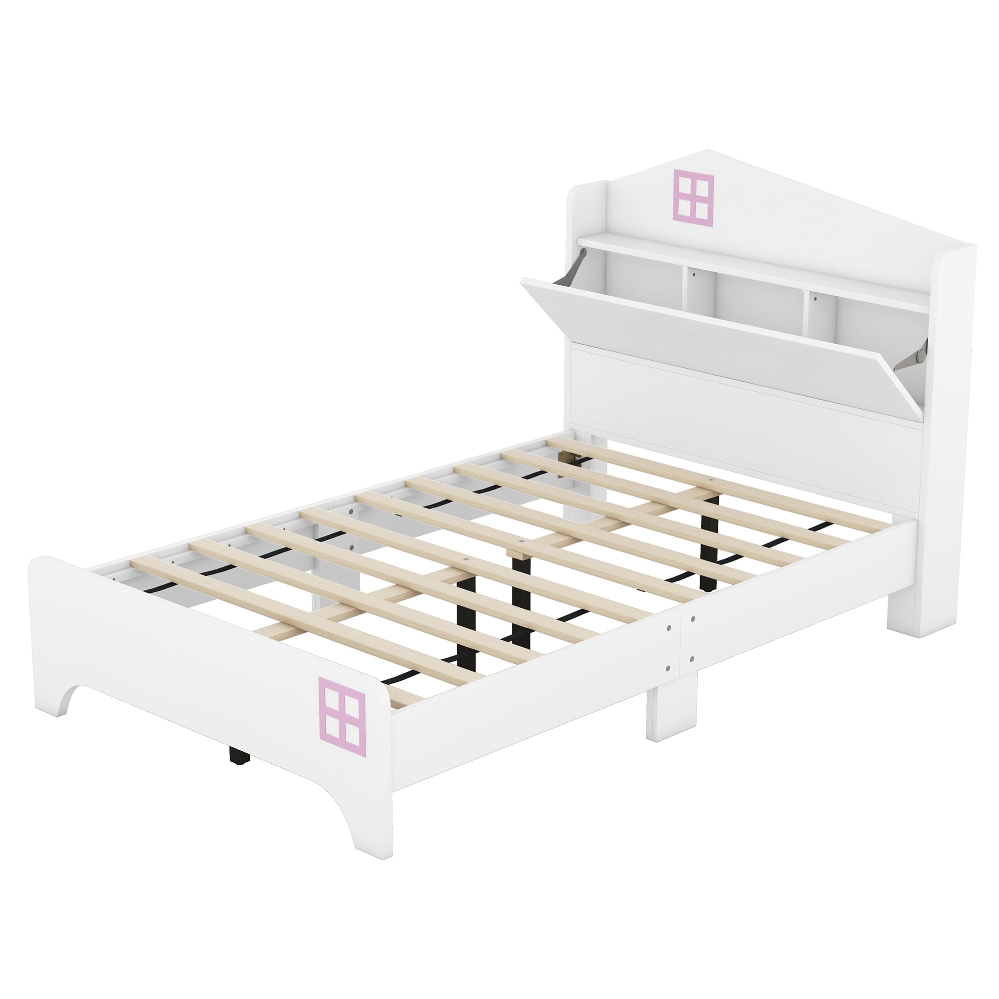 Wooden Twin Size House Bed with Storage Headboard ,Kids Bed with Storage Shelf, White - Atlantic Fine Furniture Melbourne FL