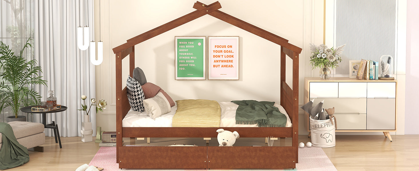 Full Size Wooden House Bed with Drawers, Walnut - Atlantic Fine Furniture Melbourne FL