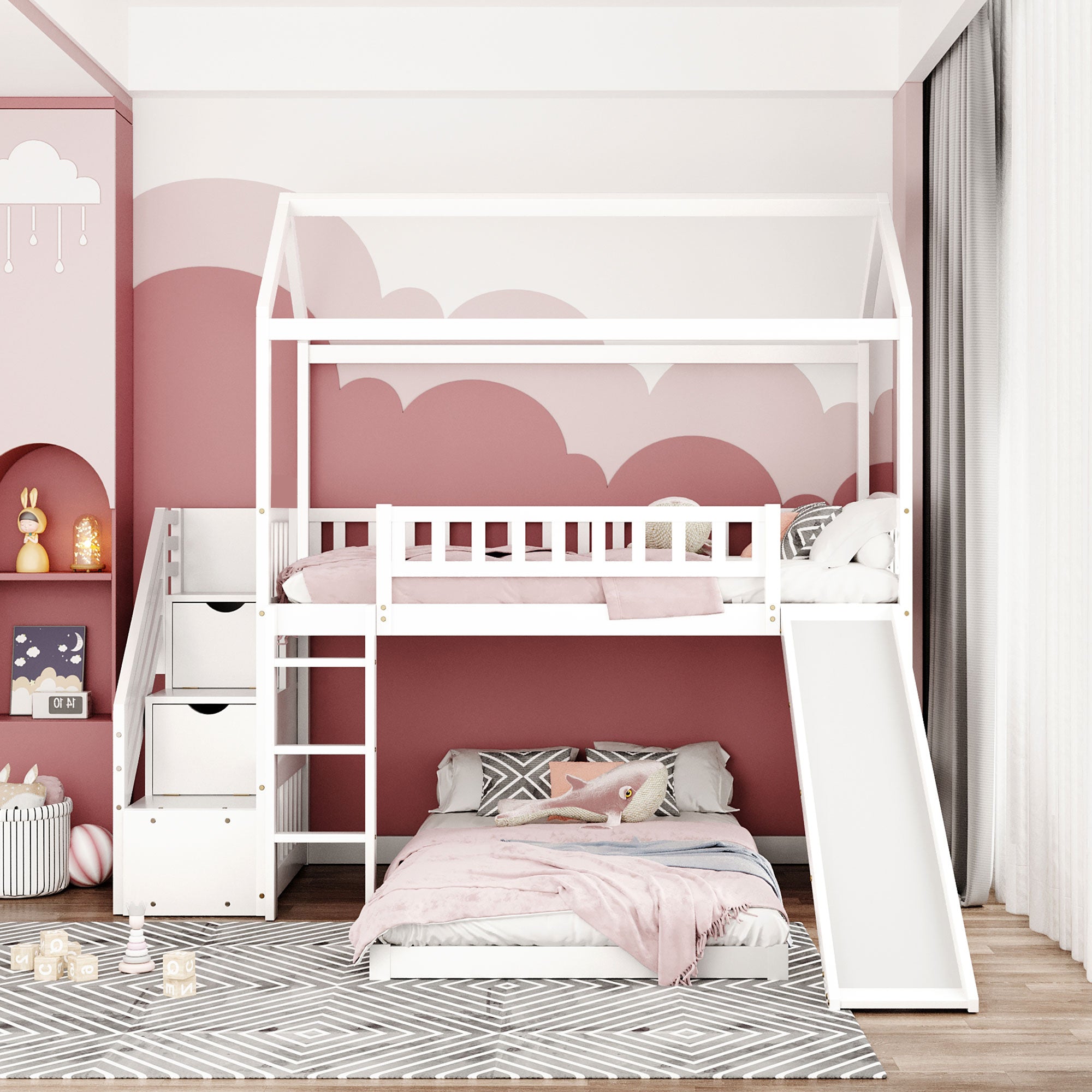 Twin Over Twin Bunk Bed with Two Drawers and Slide, House Bed with Slide, White(OLD SKU :LP000129AAK) - Atlantic Fine Furniture Melbourne FL