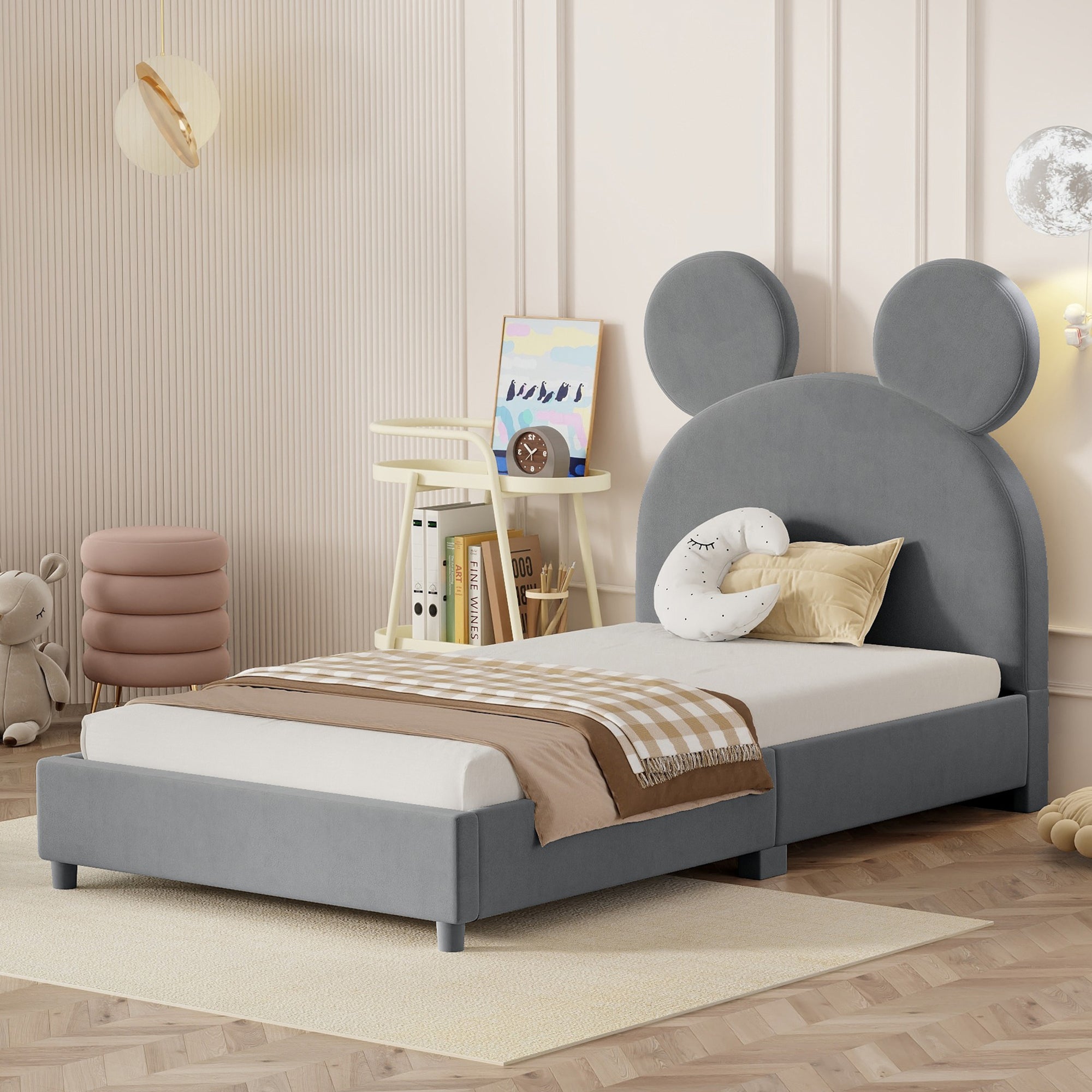Twin Size Upholstered Platform Bed with Bear Ear Shaped Headboard, Gray - Atlantic Fine Furniture Melbourne FL