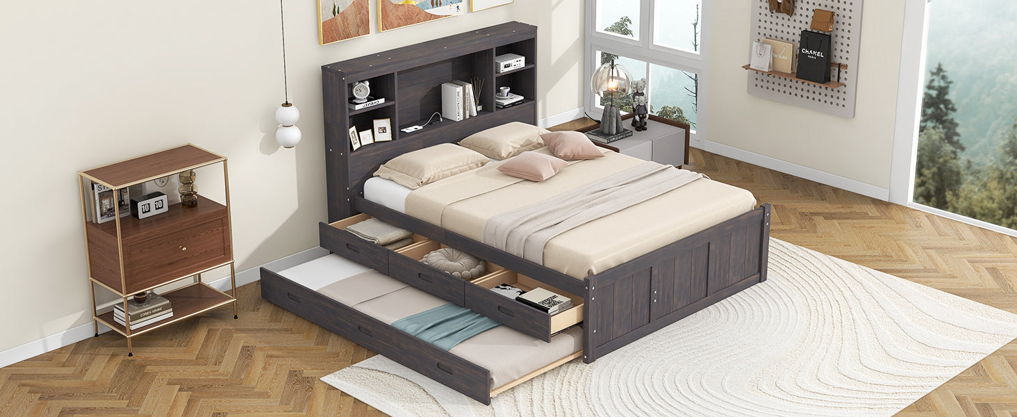 Full Size Platform Bed with Storage Headboard, Charging Station, Twin Size Trundle and 3 Drawers, Antique Brown