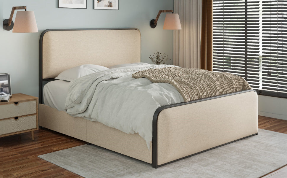 Modern Metal Bed Frame with Curved Upholstered Headboard and Footboard Bed with 4 Storage Drawers, Heavy Duty Metal Slats, King Size, Beige - Atlantic Fine Furniture Melbourne FL