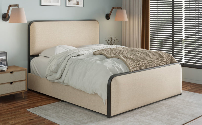 Modern Metal Bed Frame with Curved Upholstered Headboard and Footboard Bed with 4 Storage Drawers, Heavy Duty Metal Slats, Full Size, Beige