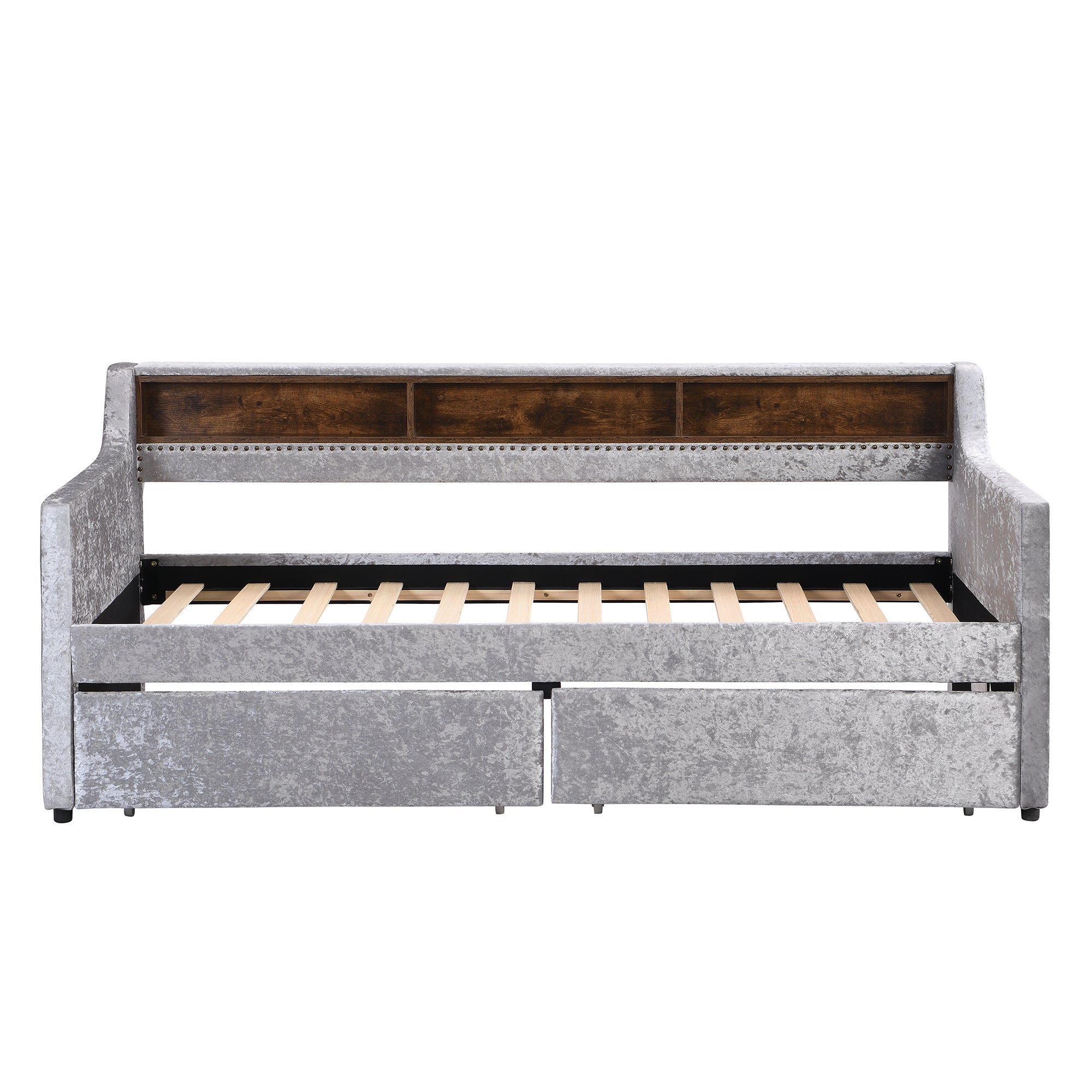 Twin Size Snowflake Velvet Daybed with Two Storage Drawers and Built-in Storage Shelves,Gray - Atlantic Fine Furniture Melbourne FL