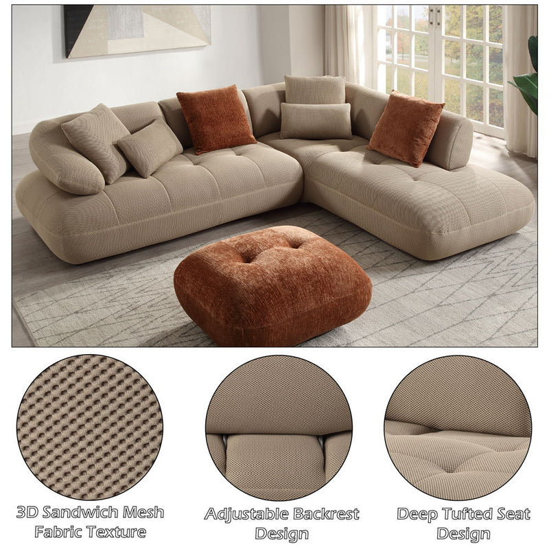 Carrick - Sectional Sofa With 6 Pillows - Beige Sandwich Mesh Fabric