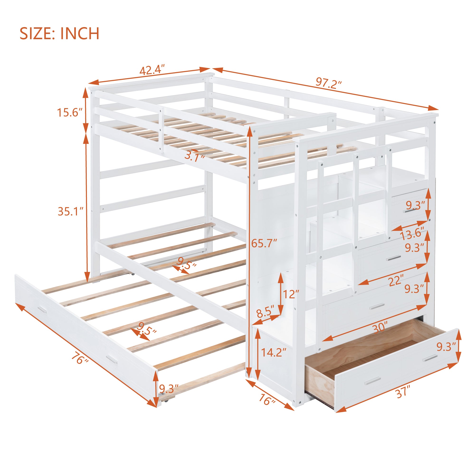 Twin Over Twin Bunk Bed with Trundle and Staircase,White(OLD SKU:LT000068AAK) - Atlantic Fine Furniture Melbourne FL
