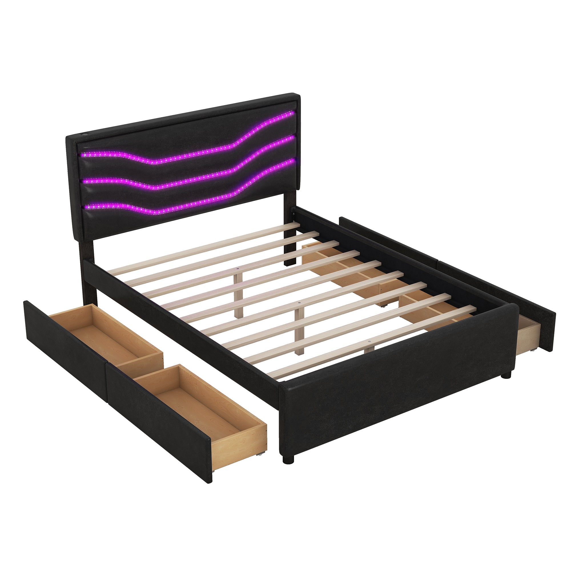 Queen Size Upholstered Storage Platform Bed with LED, 4 Drawers and USB Charging, Black - Atlantic Fine Furniture Melbourne FL