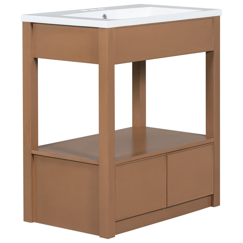 Bathroom Vanity With Sink Top, Bathroom Cabinet With Open Storage Shelf And Two Drawers - Brown