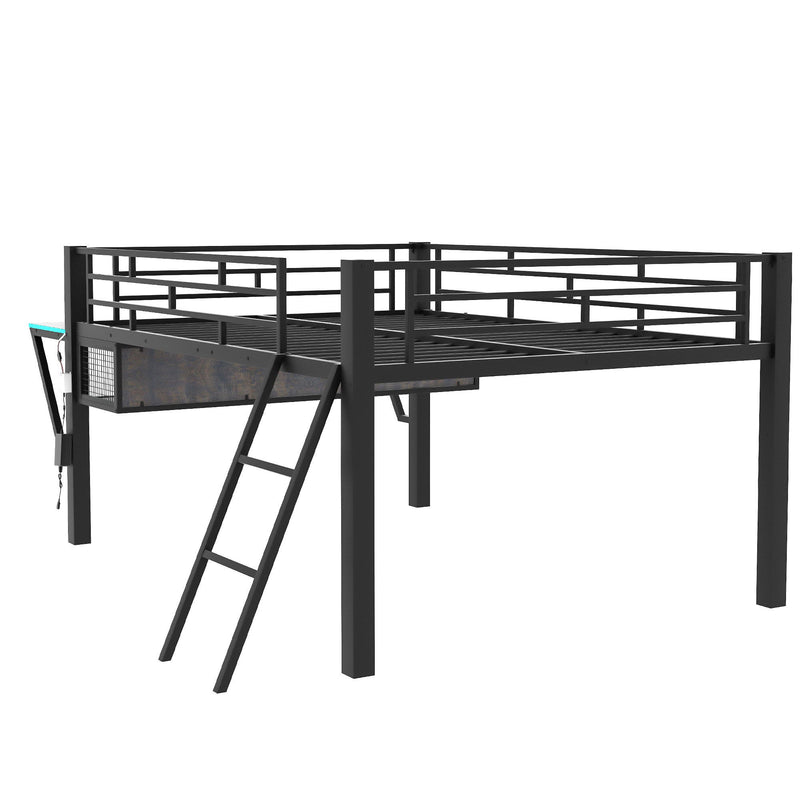 Modern Gaming Mid Loft Bed With Desk And LED Lights