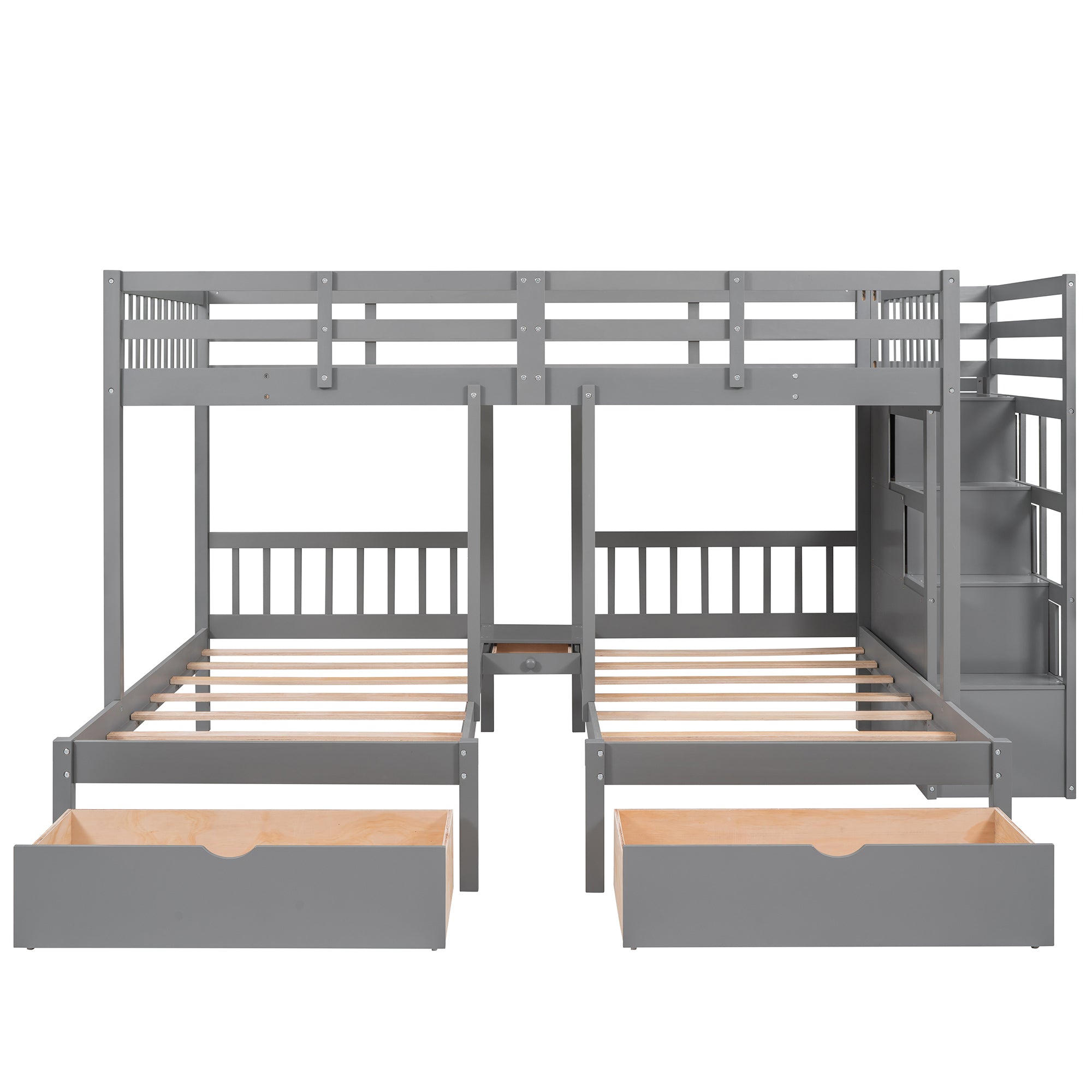 Full Over Twin & Twin Bunk Bed, Wood Triple Bunk Bed with Drawers and Guardrails (Gray) - Atlantic Fine Furniture Melbourne FL