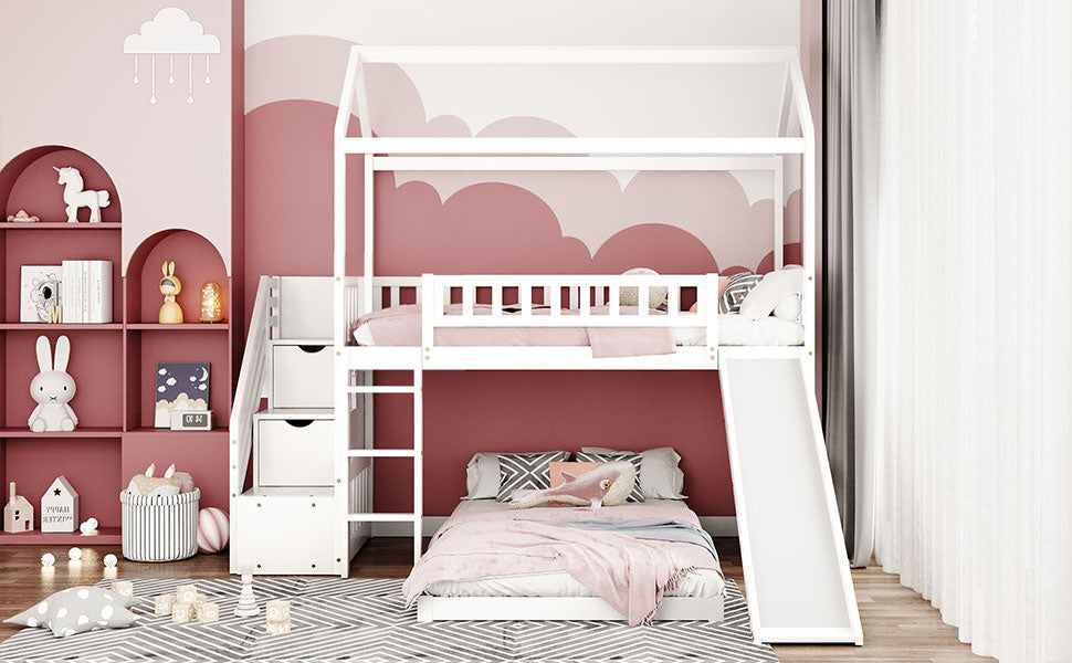 Twin Over Twin Bunk Bed with Two Drawers and Slide, House Bed with Slide, White(OLD SKU :LP000129AAK) - Atlantic Fine Furniture Melbourne FL